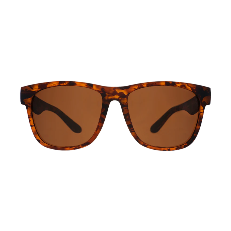 Digital photo of a pair of classic square-frame sunglasses featuring a distinctive tortoiseshell pattern and warm brown lenses on a clean white background