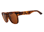 Goodr product photography of square tortoise shell pattern sunglasses featuring brown tinted lenses and the goodr logo on the temple