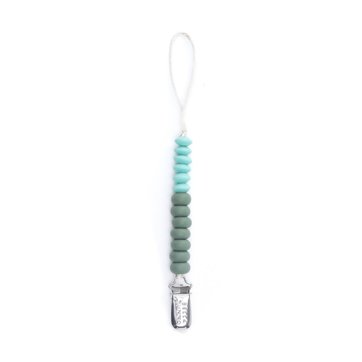 A silicone pacifier clip with a stainless steel clip and teal silicone beads, designed to be worn on a pacifier.