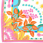 Vibrant whimsical textile design featuring bold orange leaves, clusters of pink berries, and yellow fan-like flowers with small gold studs along a bright pink border