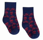 Pair of dark blue knit socks featuring a repeating red lobster motif