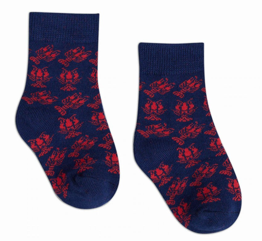 Pair of dark blue knit socks featuring a repeating red lobster motif