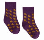 A pair of deep purple socks featuring a repeating pattern of gold Louisiana state outlines