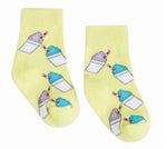 Pair of bright yellow ankle socks featuring a repeating pattern of cartoon purple and blue snow cones with red and white striped straws