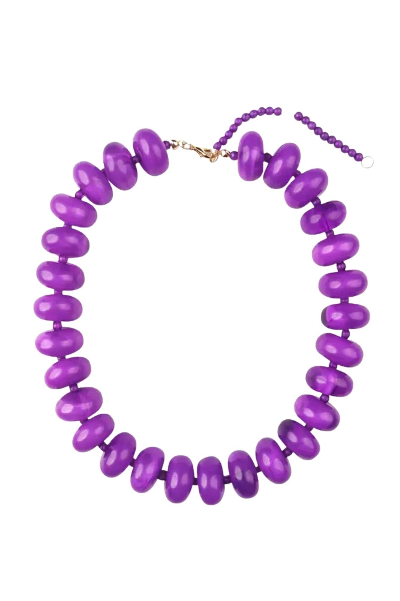 Purple disc bead necklace with a gold tone lobster clasp