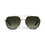 Digital photograph of aviator-style sunglasses featuring a tortoiseshell frame dark green gradient lenses and gold-tone metal double bridge accents on a white studio background
