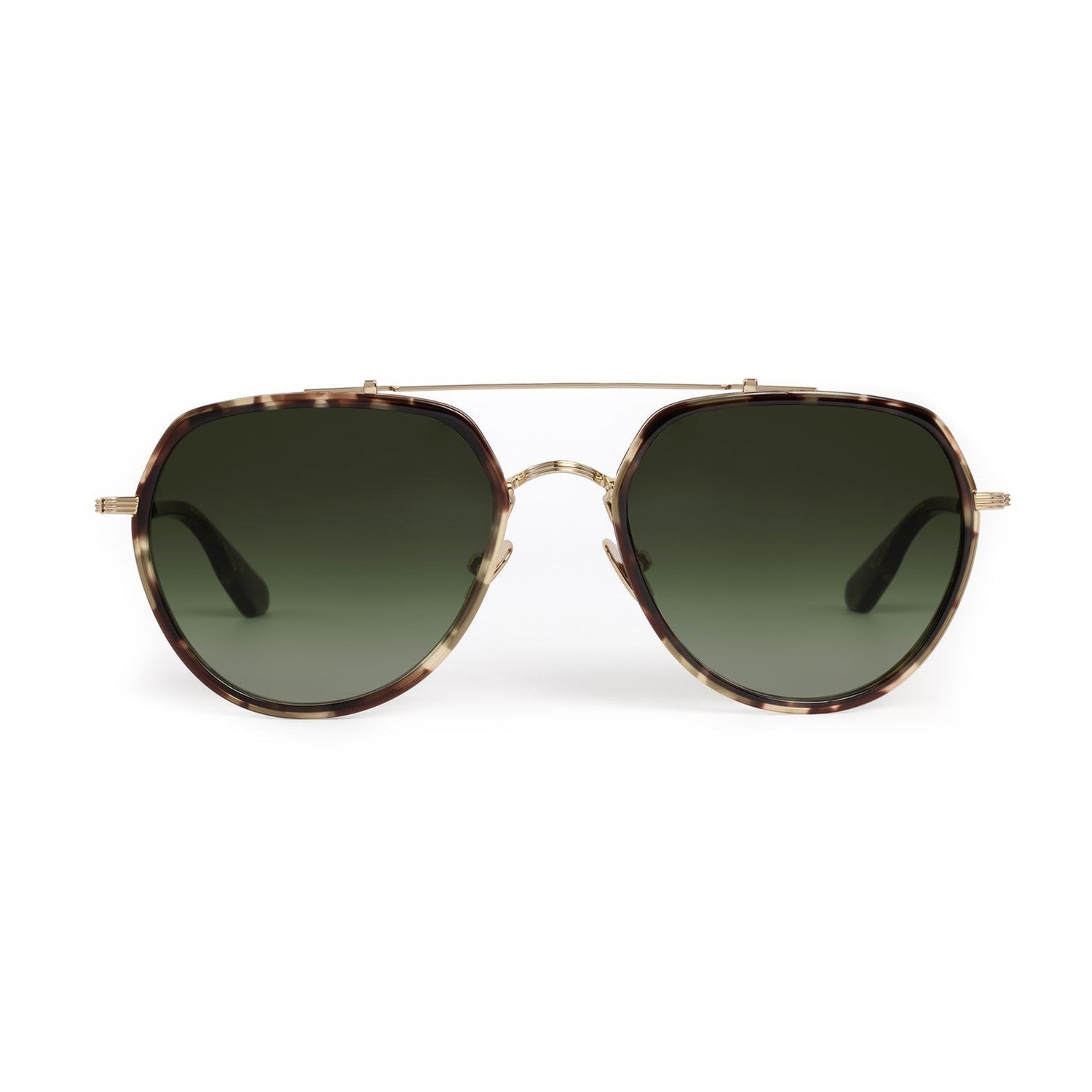 Digital photograph of aviator-style sunglasses featuring a tortoiseshell frame dark green gradient lenses and gold-tone metal double bridge accents on a white studio background