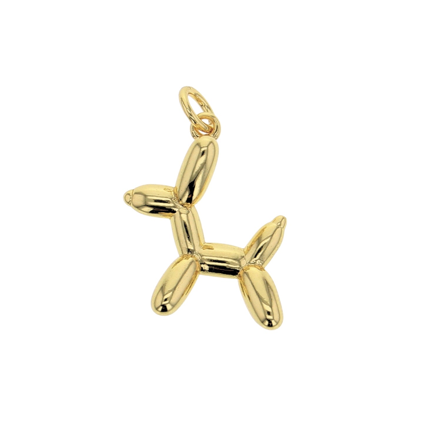 Gold charm depicting a polished balloon dog figure with a lustrous reflective surface and a small integrated bail