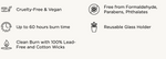 Informational graphic detailing product benefits including cruelty-free and vegan status up to 60 hours burn time and being free from formaldehyde parabens phthalates