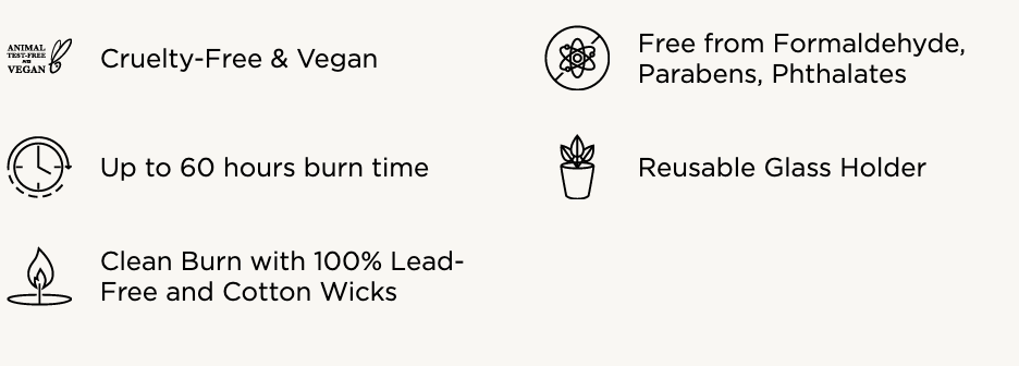 Informational graphic detailing product benefits including cruelty-free and vegan status up to 60 hours burn time and being free from formaldehyde parabens phthalates