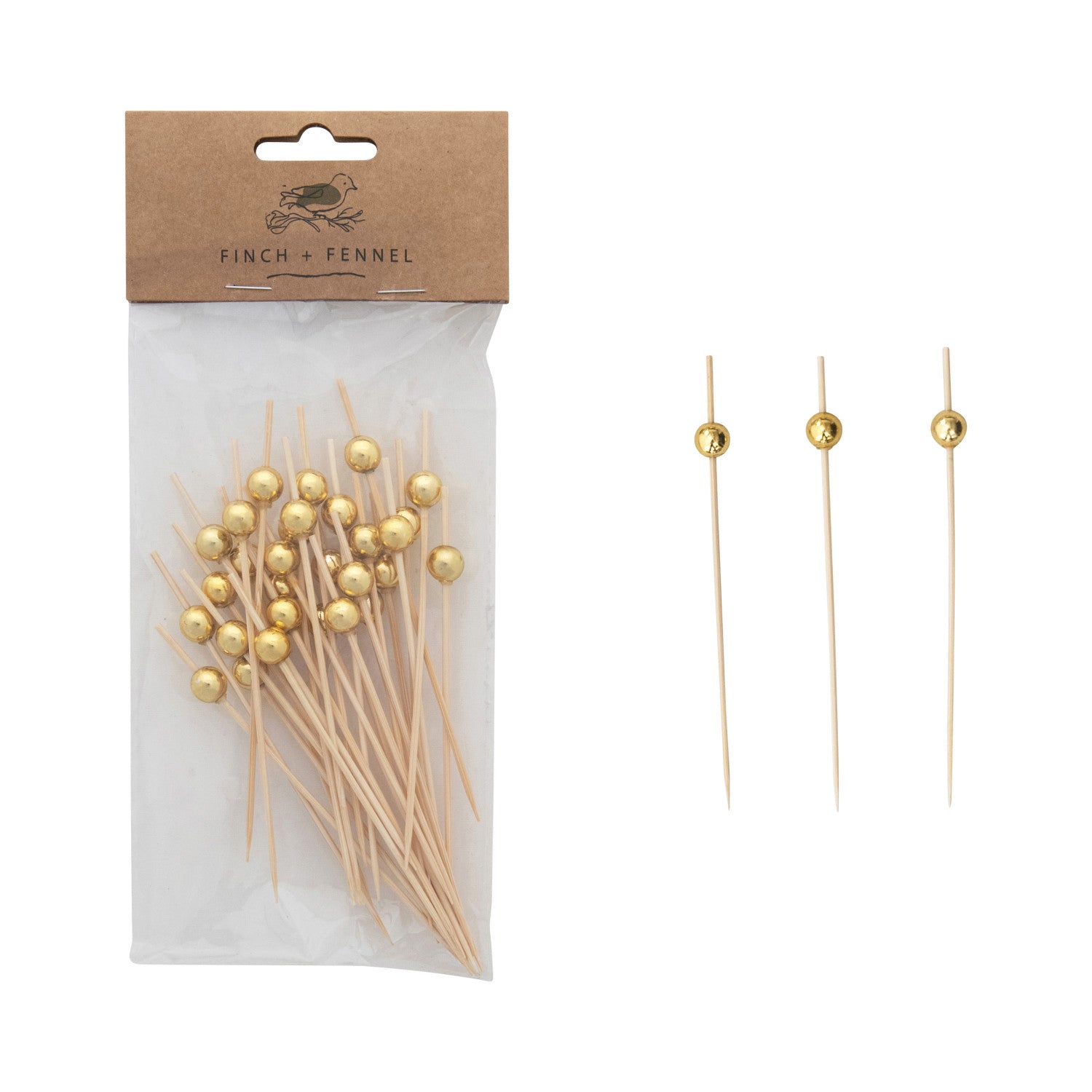 Pack of bamboo cocktail picks with gold bead toppers