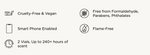 Product features graphic outlining cruelty-free and vegan, smartphone enabled, two vials delivering up to 240 plus hours of scent, free from formaldehyde parabens phthalates, and flame-free