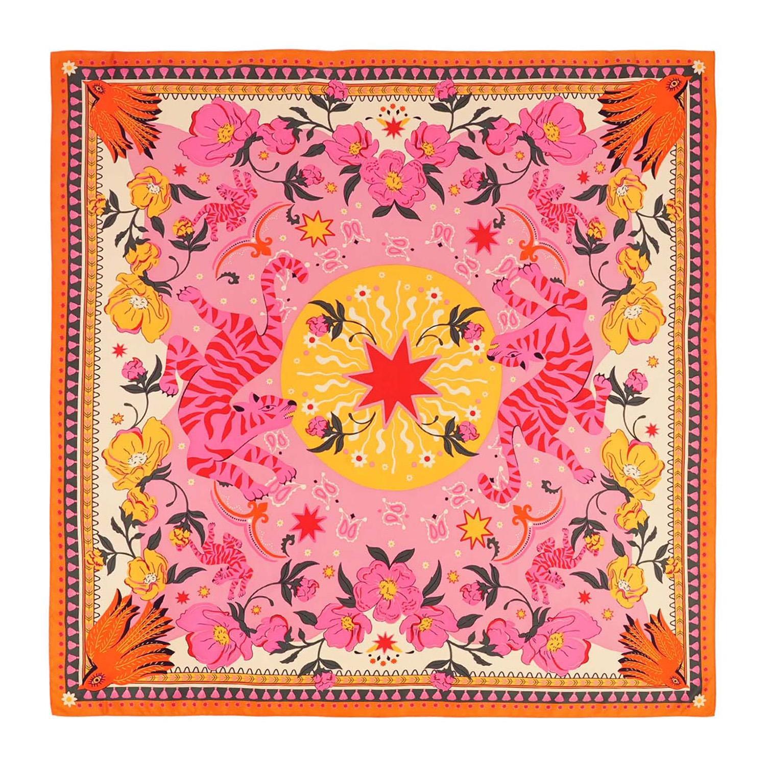 Vibrant textile scarf design with two climbing pink and red striped tigers flanking a central yellow sunburst and red star surrounded by lush pink and yellow floral motifs and an ornate orange border with corner birds