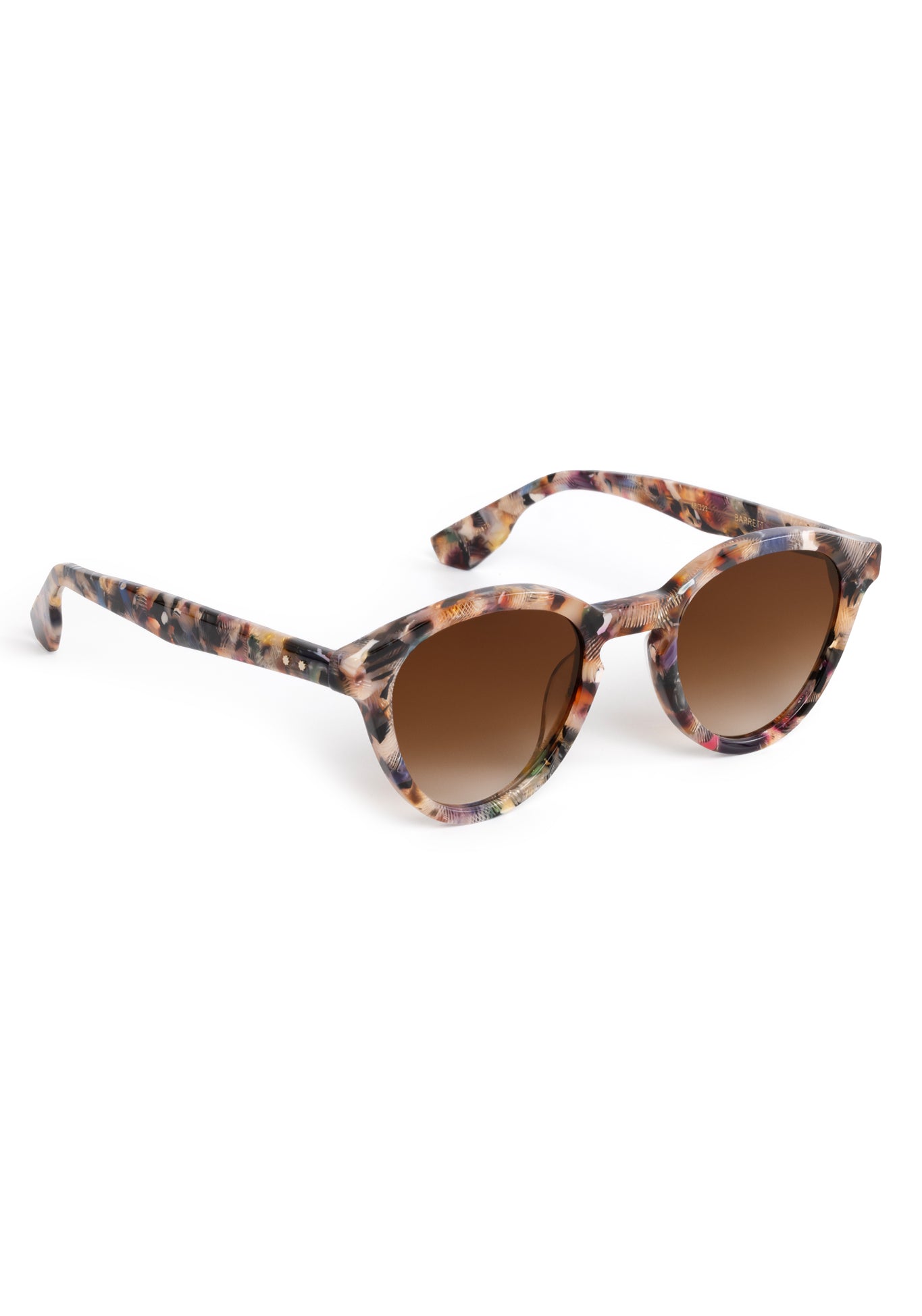 Product photograph of Barrett cat-eye sunglasses featuring a vibrant multicolored confetti frame and brown gradient lenses