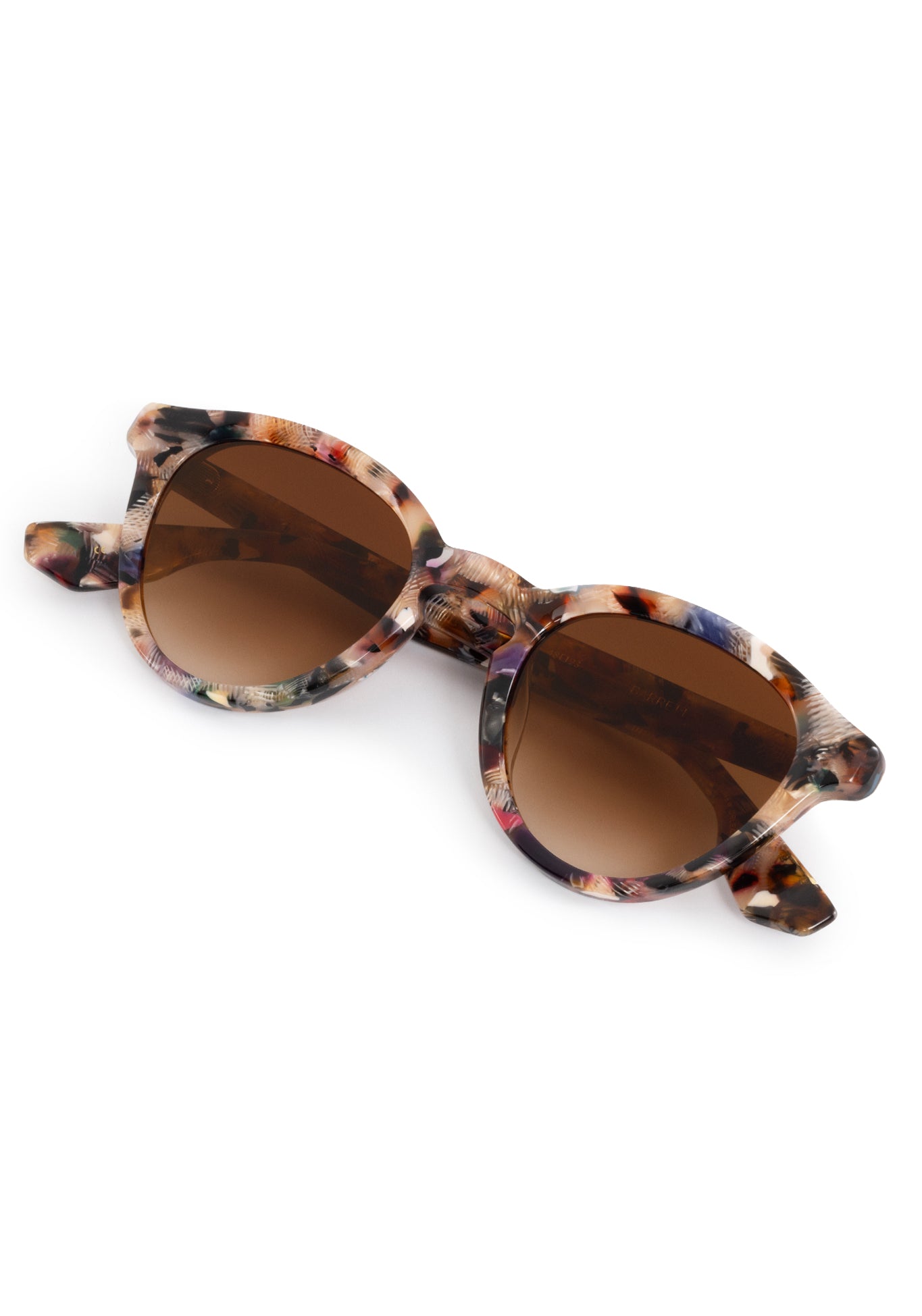 Product photo of feather-patterned sunglasses featuring cream brown black and blue frames with gradient brown lenses on a clean white background