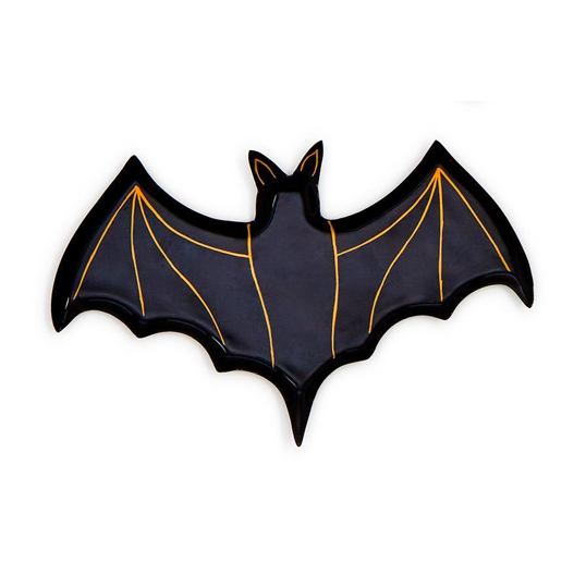 Black bat-shaped Halloween decoration with prominent orange wing lines on a stark white background