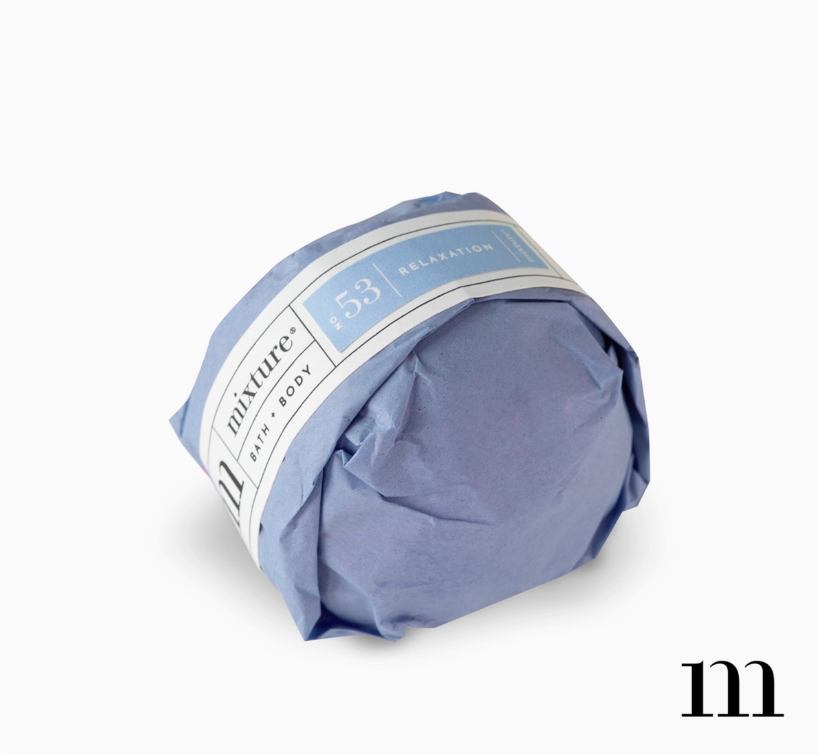 Blue wrapped bath bomb with Mixture No 53 Relaxation label