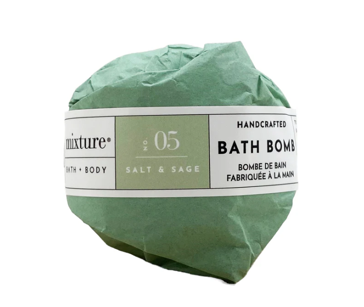 Green paper wrapped bath bomb with Salt and Sage label