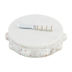 Round white marble cheese board with a matching beaded spreader knife