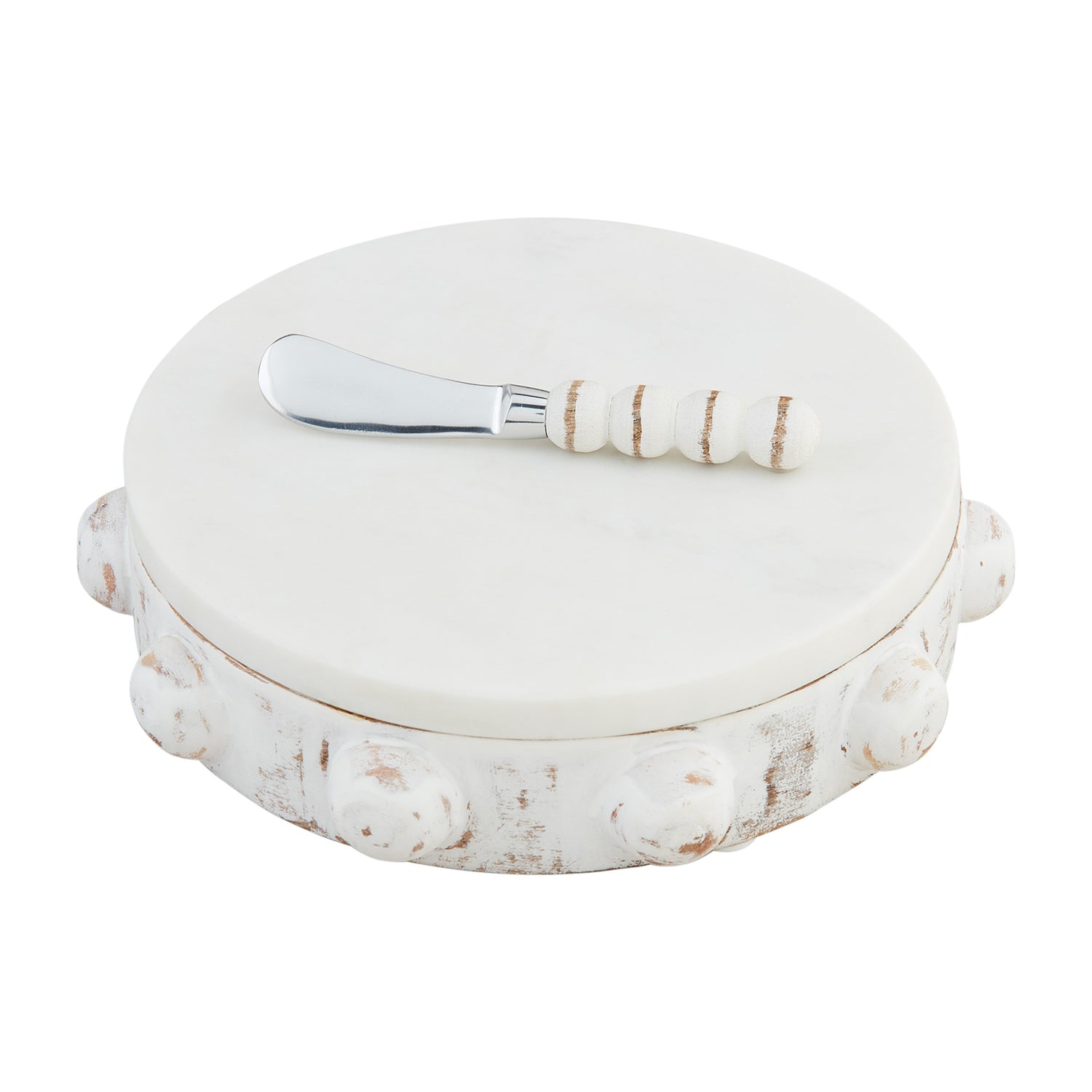 Round white marble cheese board with a matching beaded spreader knife