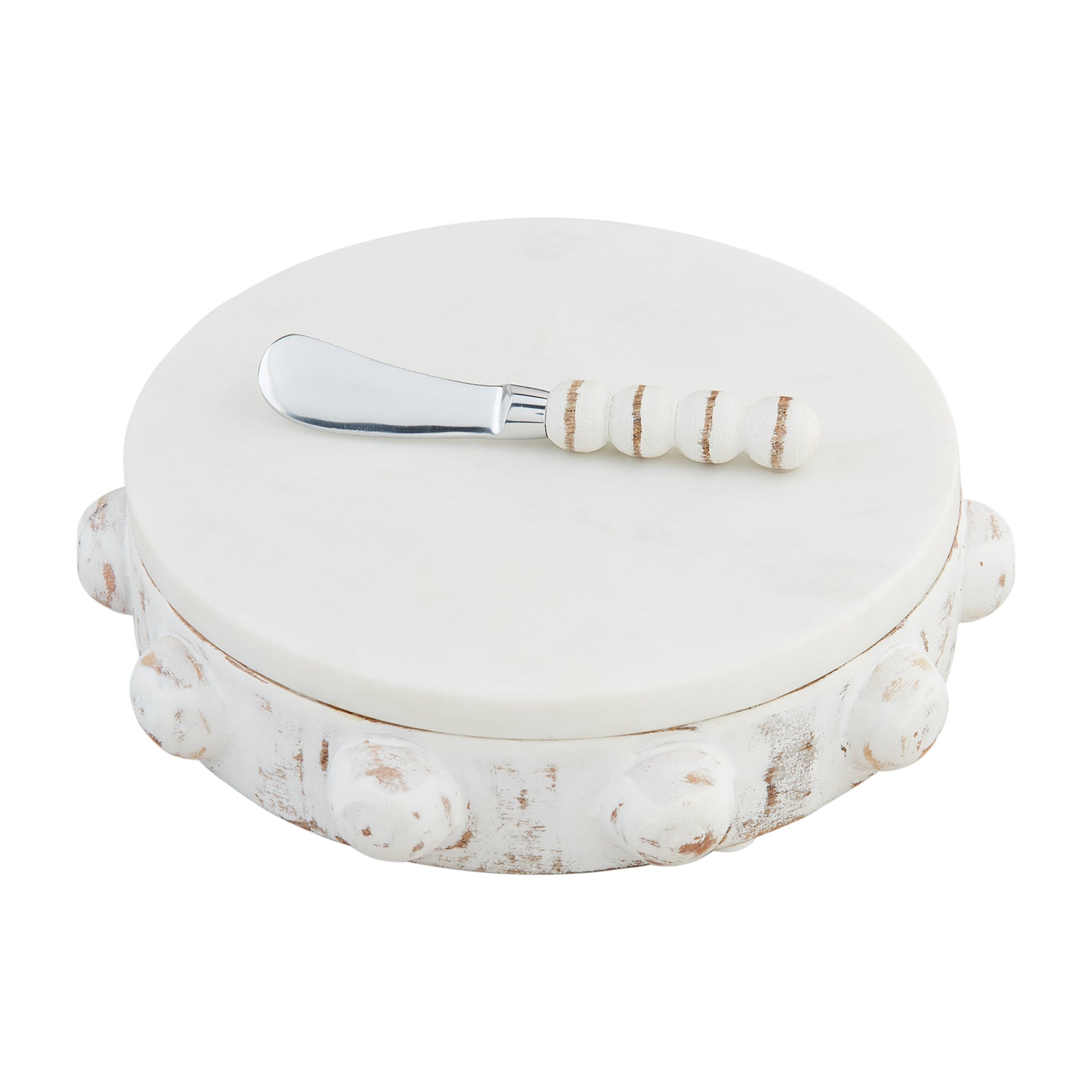 Round white marble cheese board with a matching beaded spreader knife