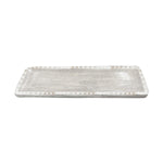Distressed wood rectangular decorative tray with a light grey wash and a distinctive beaded edge design