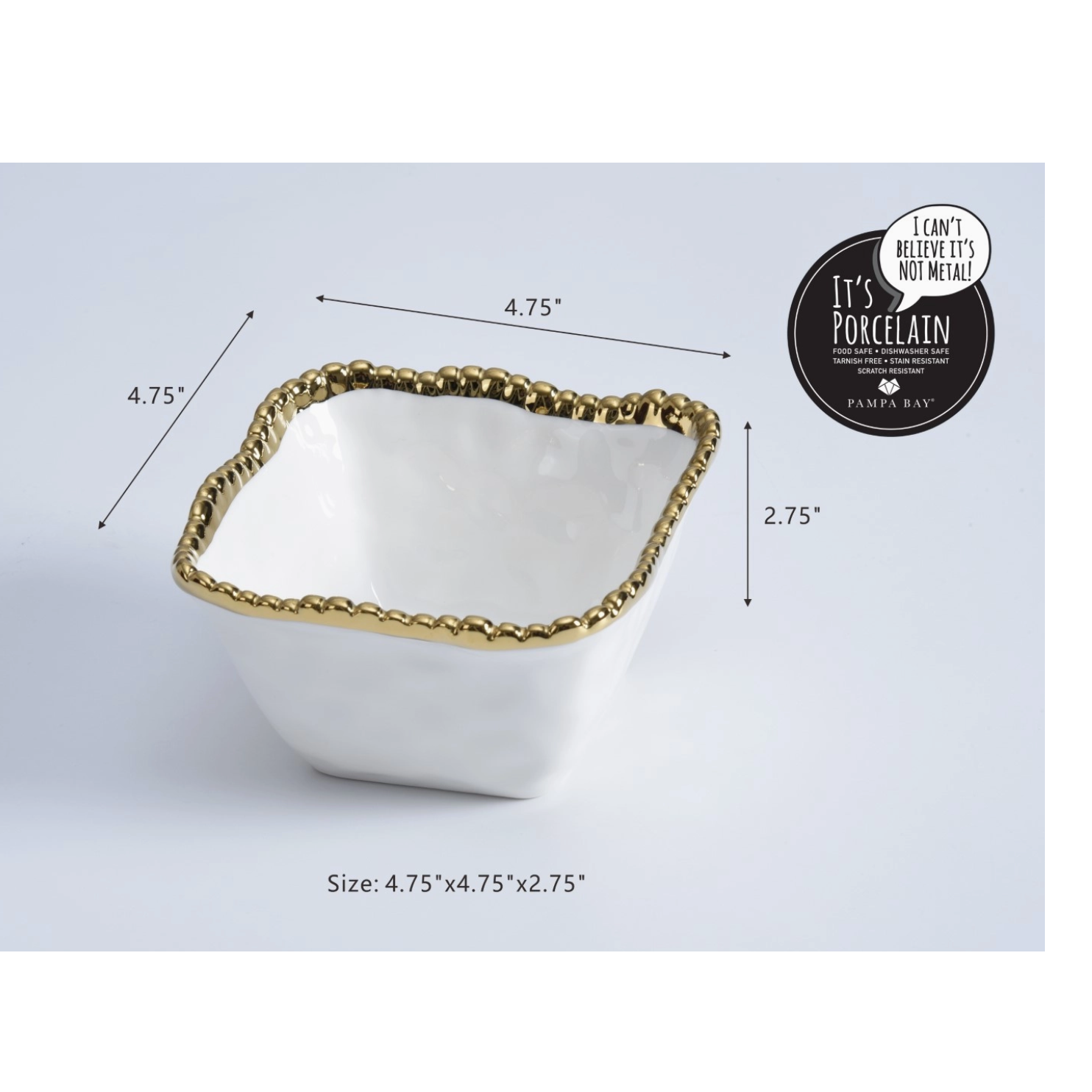 Porcelain bowl by Pampa Bay showcases a square white ceramic dish with a signature metallic gold beaded rim and wavy edges displayed with size annotations and a brand logo on a neutral background