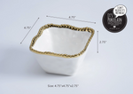 Pampa Bay porcelain white square serving dish with a gold beaded wavy rim and dimensions 4.75 by 4.75 by 2.75 inches, displayed with It's Porcelain and I can't believe it's not metal labels