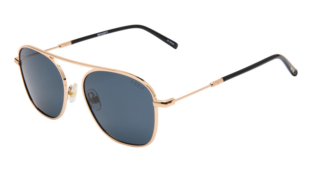 Photograph of I-SEA Beckett aviator sunglasses featuring a rose gold metal frame dark grey tinted lenses and black temple tips