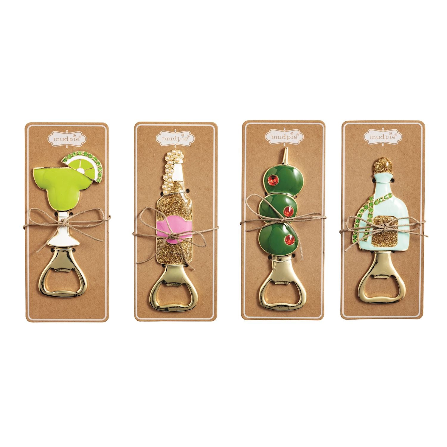 Four cocktail themed metal bottle openers on cardboard backing