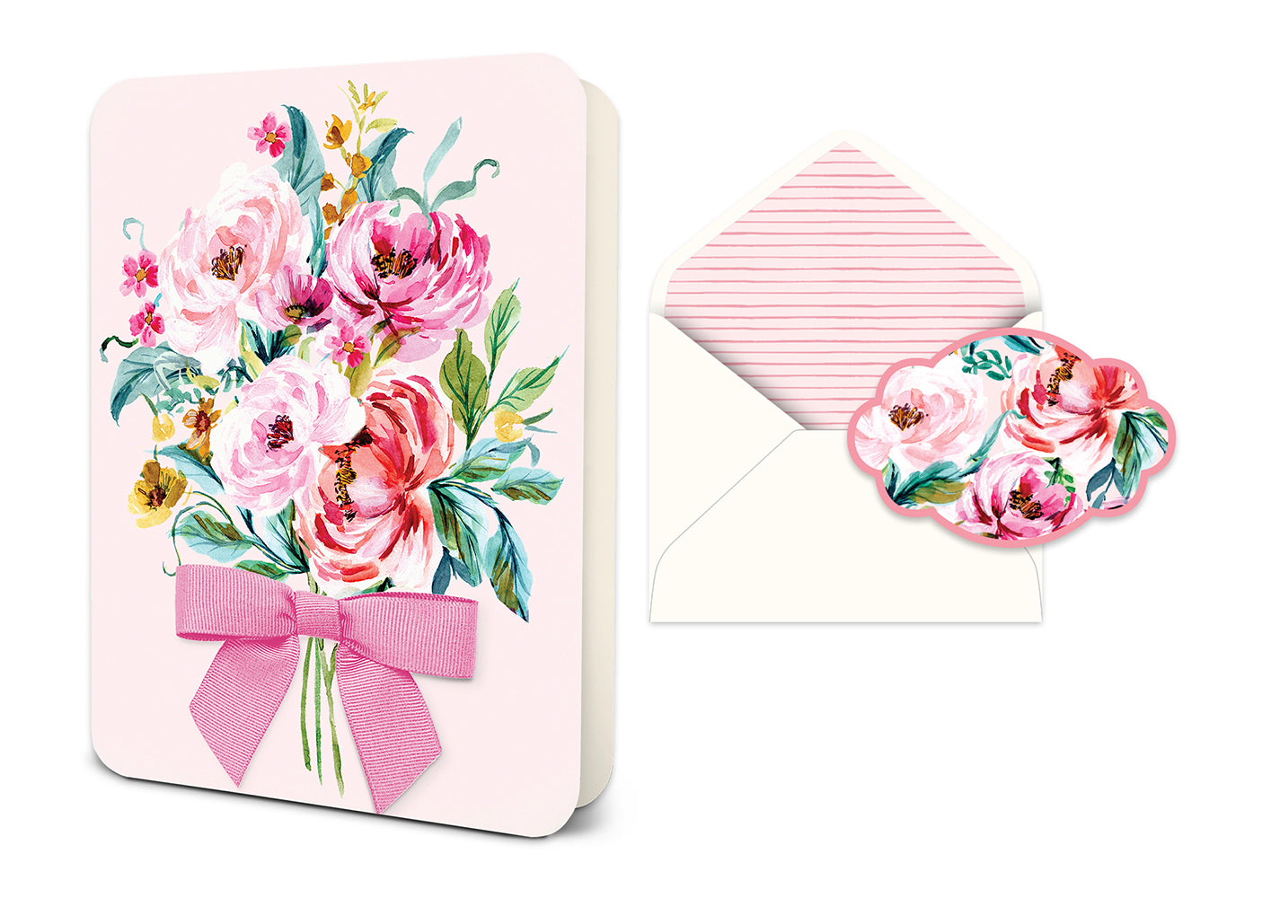 Greeting card with watercolor floral bouquet and pink ribbon next to an envelope with striped liner