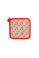 Fabric potholder featuring a vibrant pattern of red cherries and gold-green leaves with a solid red border and hanging loop for kitchen use