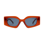 Product photography I-SEA sunglasses featuring bold chunky orange geometric frames and dark grey tinted lenses on a white studio background