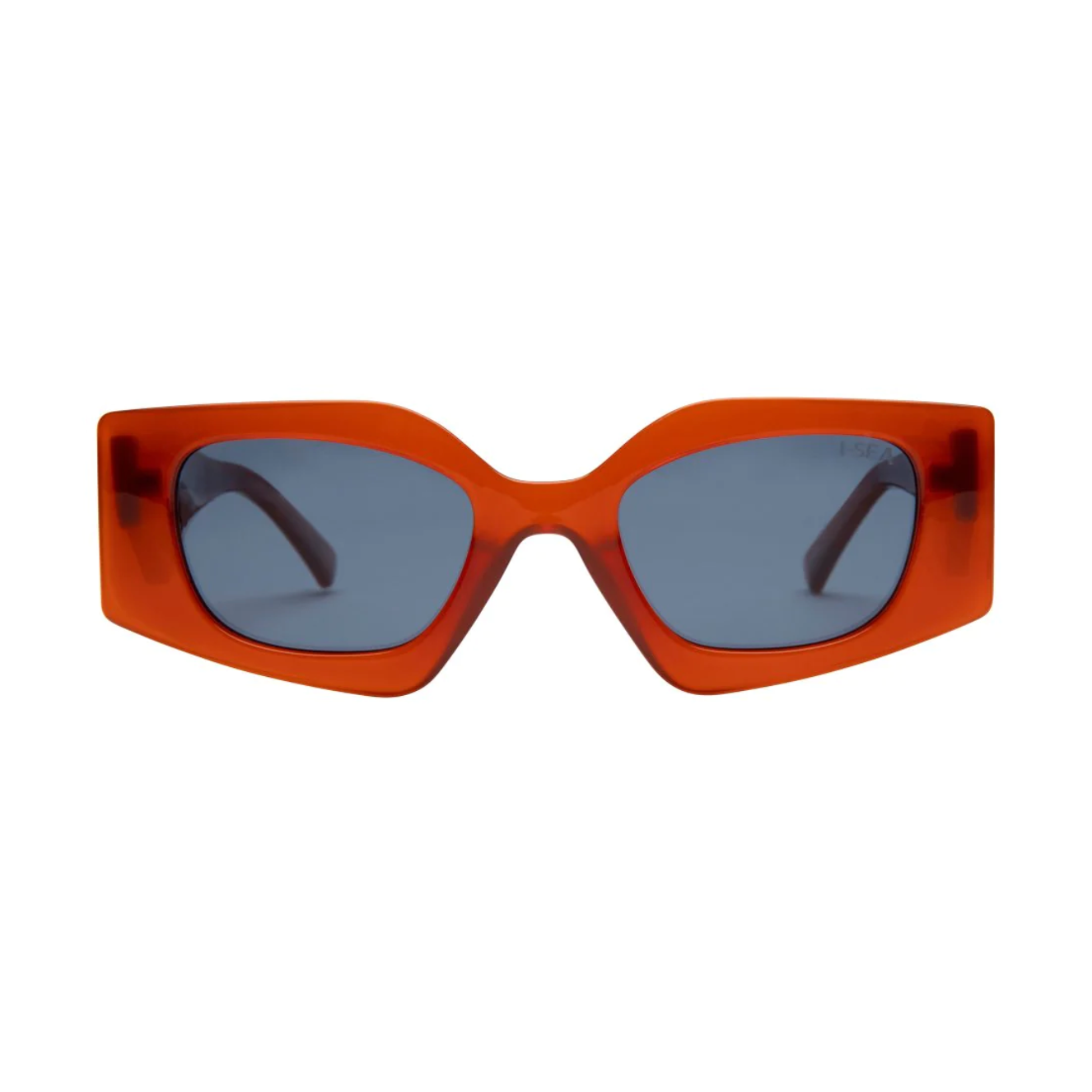 Product photography I-SEA sunglasses featuring bold chunky orange geometric frames and dark grey tinted lenses on a white studio background