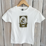 White t-shirt with a NOLA football player graphic featuring a halo and flowers