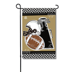 Digital illustration by DK Designs of a sports-themed garden flag featuring a white football helmet, brown football, and black cheerleader megaphone accented with a polka dot bow and black-and-white checkered borders