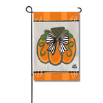 Garden flag featuring an orange pumpkin with a black and white striped bow on a grey background