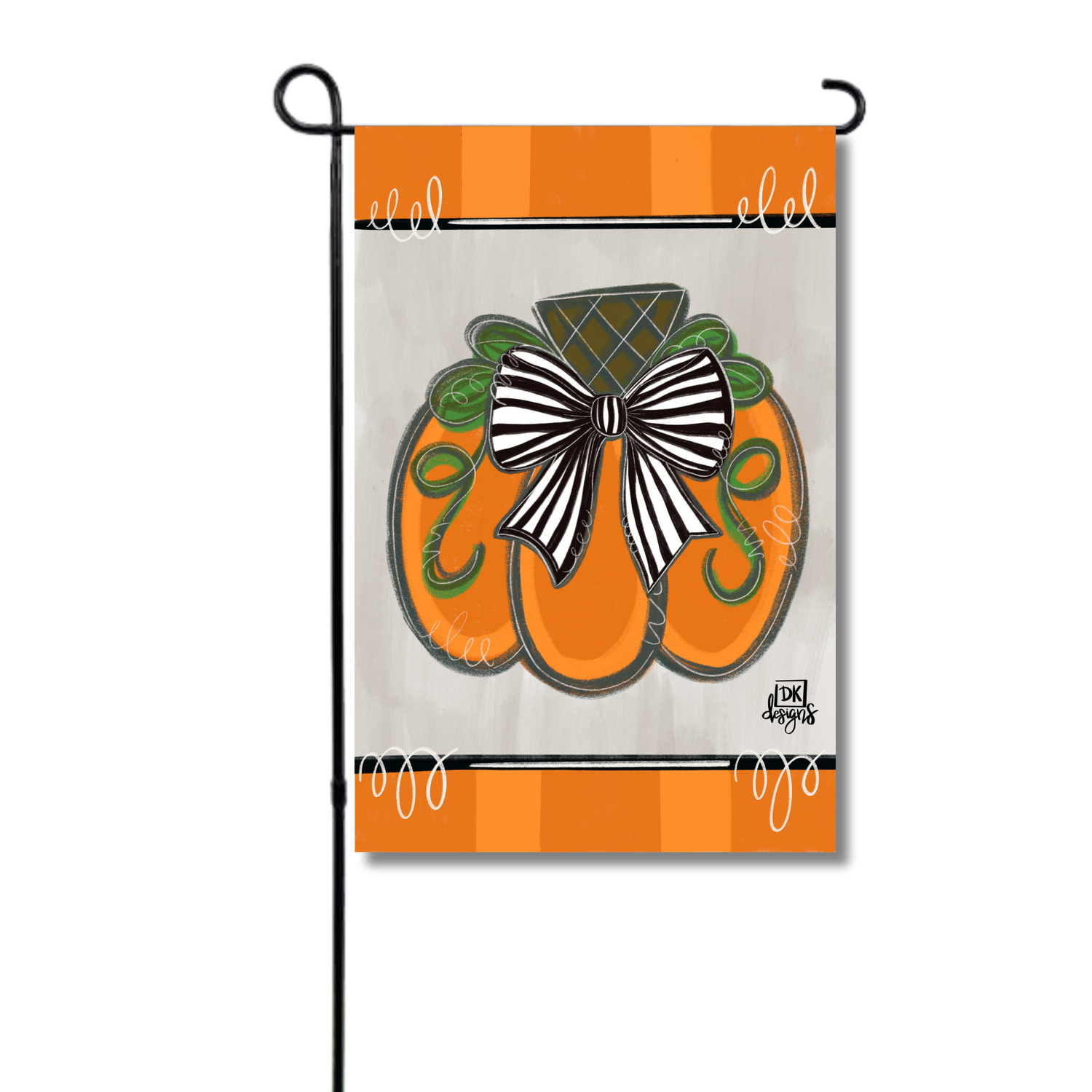 Garden flag featuring an orange pumpkin with a black and white striped bow on a grey background