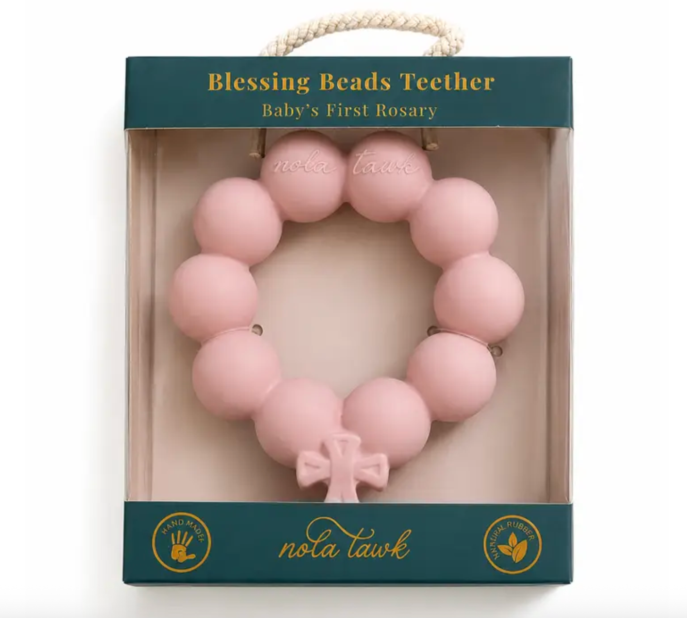 Pink silicone rosary shaped baby teether in retail packaging