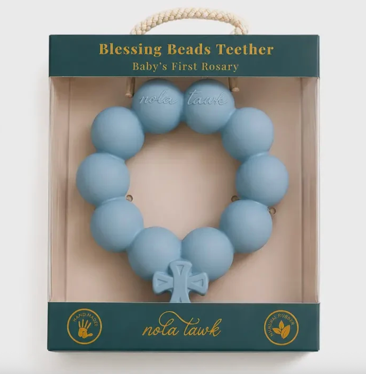 Blue silicone rosary shaped baby teether in retail packaging