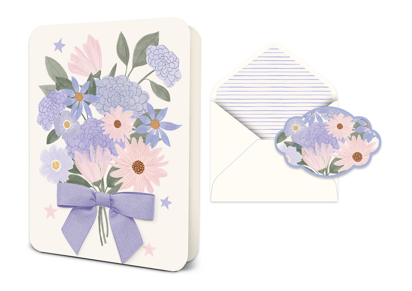 Greeting card with a floral bouquet illustration and purple ribbon next to a striped envelope