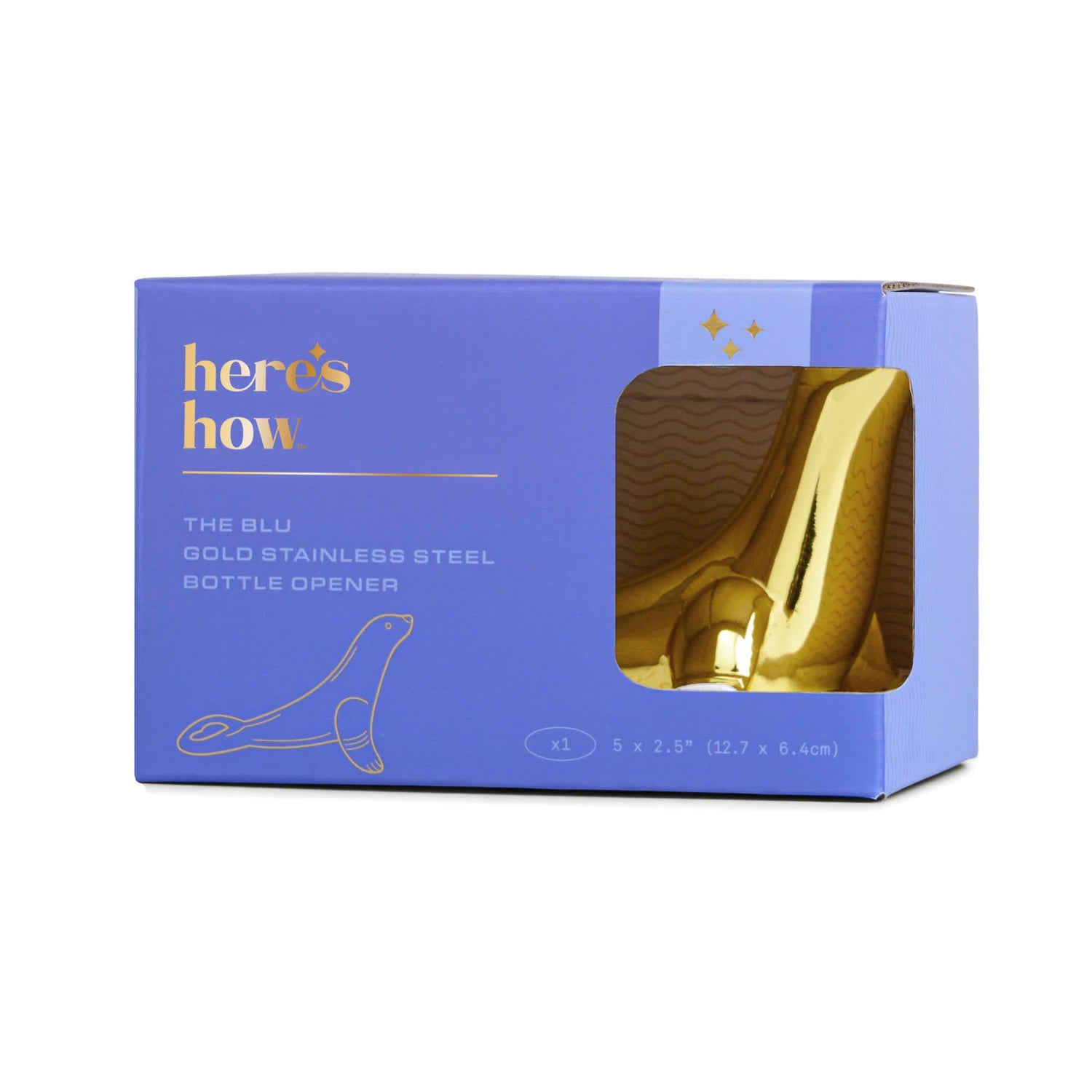 Here's How product photography of a periwinkle blue box for THE BLU Gold Stainless Steel Bottle Opener featuring a gold seal illustration and a window revealing the shiny curved opener