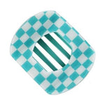 Abstract square object featuring a light turquoise and white checkerboard pattern surrounding a central rounded cutout with darker teal and white diagonal stripes