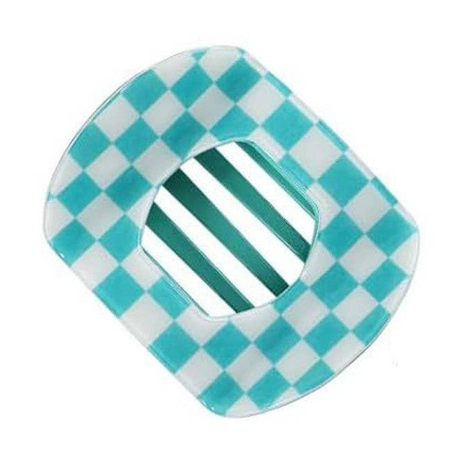 Abstract square object featuring a light turquoise and white checkerboard pattern surrounding a central rounded cutout with darker teal and white diagonal stripes
