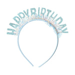 Light blue glitter Happy Birthday headband with iridescent tinsel fringe