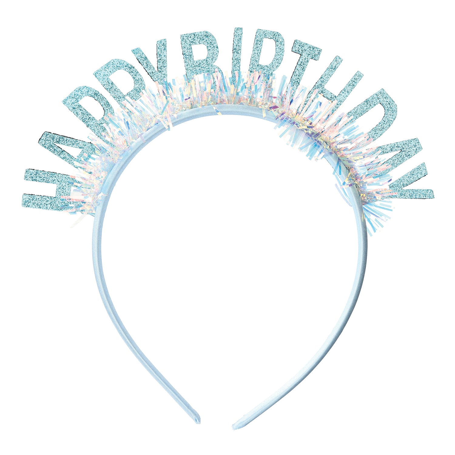 Light blue glitter Happy Birthday headband with iridescent tinsel fringe
