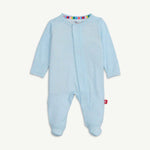 Light blue polka dot footed baby pajama featuring a rainbow-striped collar, front snap buttons, and a small red brand tag