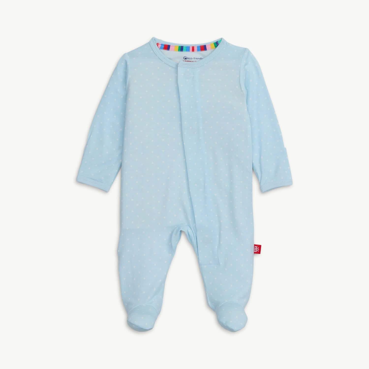 Light blue baby footie pajamas with white polka dots and rainbow striped neck trim