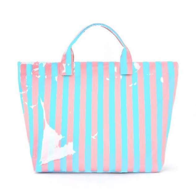 A glossy pink and light blue vertical stripe tote bag with two top handles on a white background