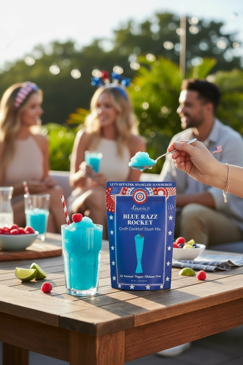 Blue Razz Rocket cocktail slush mix pouch with a glass of blue slush and fresh raspberries on a wooden table